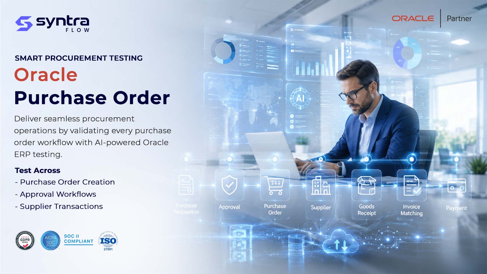 Oracle Purchase Order testing by SyntraFlow — AI-powered Oracle ERP testing across purchase order creation, approval workflows and supplier transactions, from requisition through goods receipt, invoice matching and payment