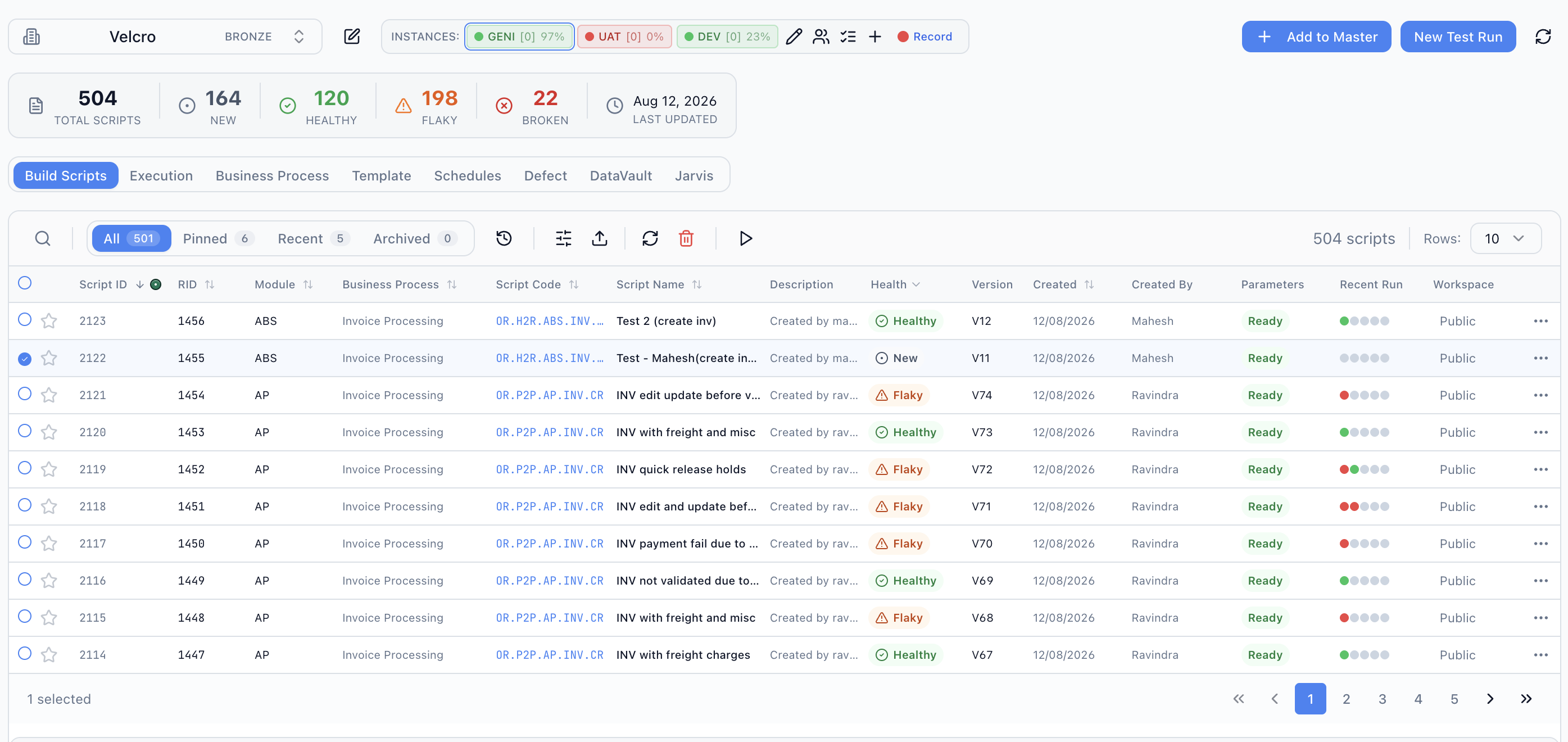 SyntraFlow Build Scripts library showing 504 total scripts (164 new, 120 healthy, 198 flaky, 22 broken) with a filtered view of Accounts Payable Invoice Processing scripts — variations such as freight and miscellaneous charges, quick release holds, payment failure and validation failure — with script codes, health status and version.