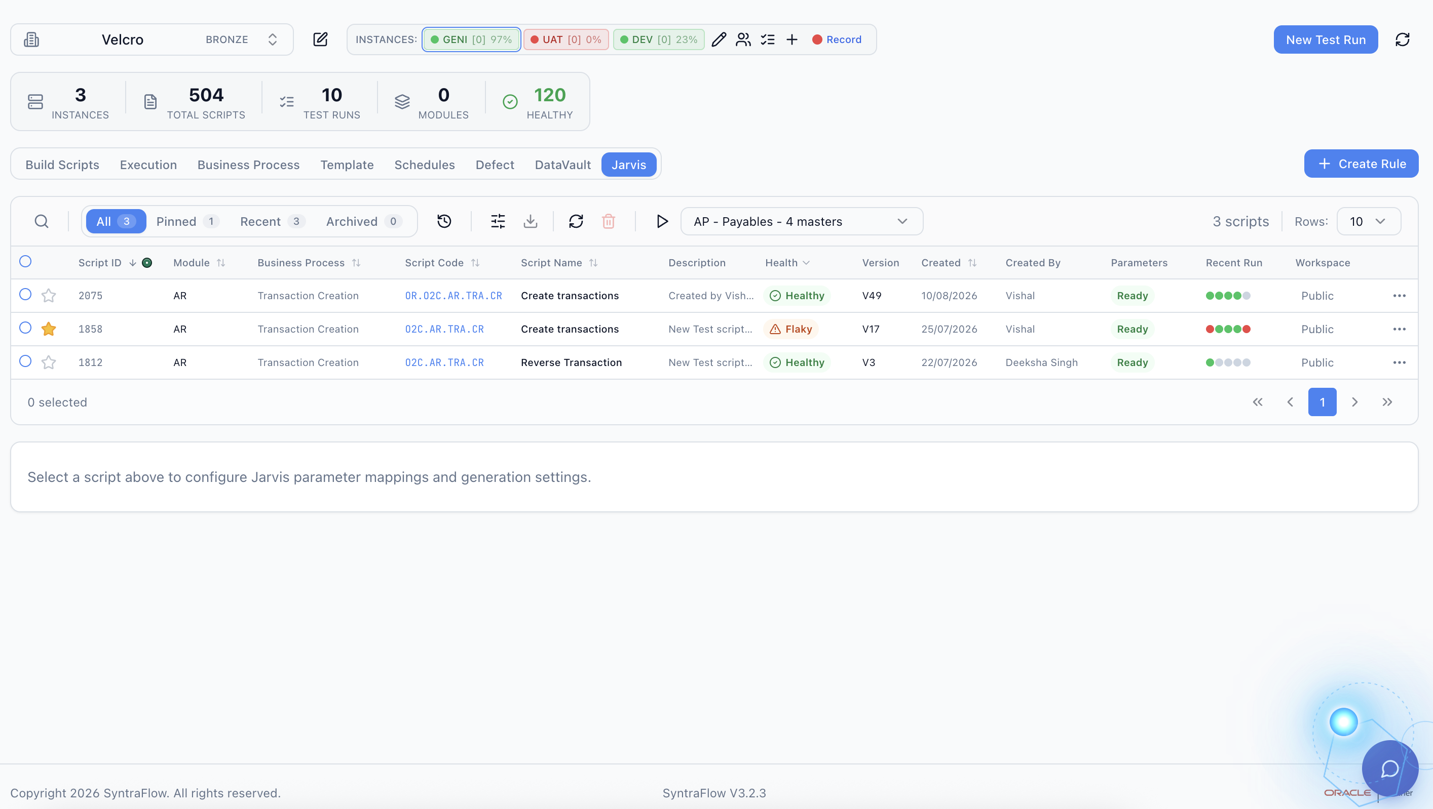 SyntraFlow workspace showing the Velcro tenant with 3 instances, 504 total scripts and 120 healthy, the Jarvis tab active, and a filtered list of AP Payables invoice-creation scripts with health, version and parameter status.